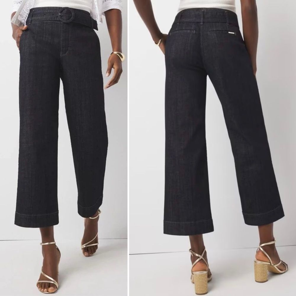 WHBM Extra High Rise Wide Leg Crop Jeans In Midnight Rinse Wash 8